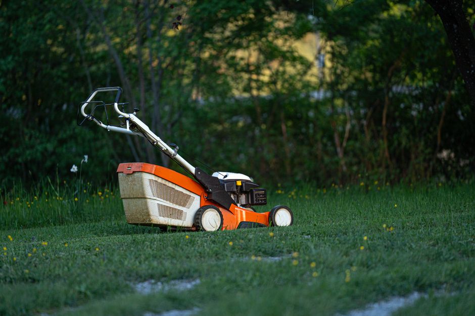 Slimme robotmaaier ontwijkt bloemen in tuin. Slimme robotmaaier ontwijkt bloemen in tuin.